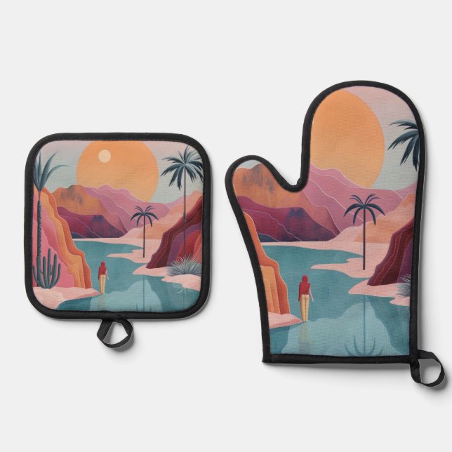 Boho Abstract Landscape (18) Oven Mitt & Pot Holder Set (Front)