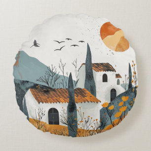 Boho Abstract Landscape (4) Round Cushion