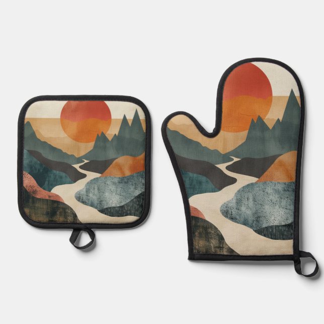 Boho Abstract Landscape (5) Oven Mitt & Pot Holder Set (Front)