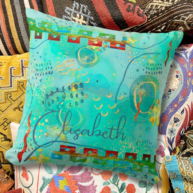 Boho Abstract Mayan Turquoise & Golden Misty Cushion (Creator Uploaded)