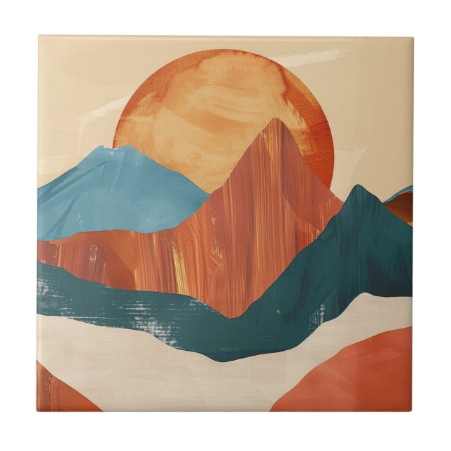 Boho Abstract Mountain Landscape with Sun Tile (Front)