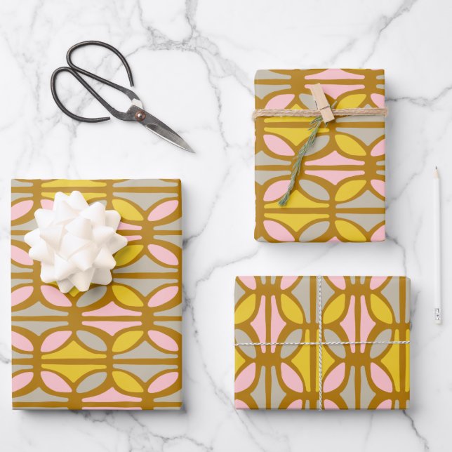 Boho Abstract Pastel Shapes Pattern Pink Yellow  Wrapping Paper Sheet (Front)