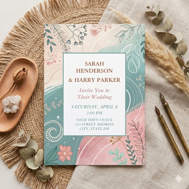 Boho Abstract Teal Floral Wedding  Invitation (Creator Uploaded)