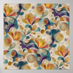 Boho Abstract Watercolor Floral Swirl Gold Teal Poster
