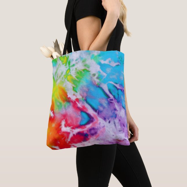 Boho Abstract Watercolor Rainbow Batik Tie Dye Art Tote Bag (Close Up)