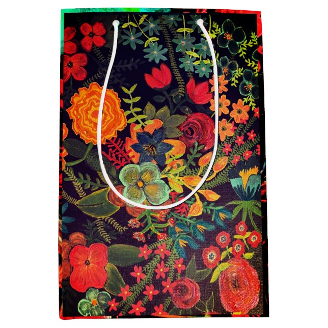 Boho Acrylic Painting Floral Design Medium Gift Bag (Front)