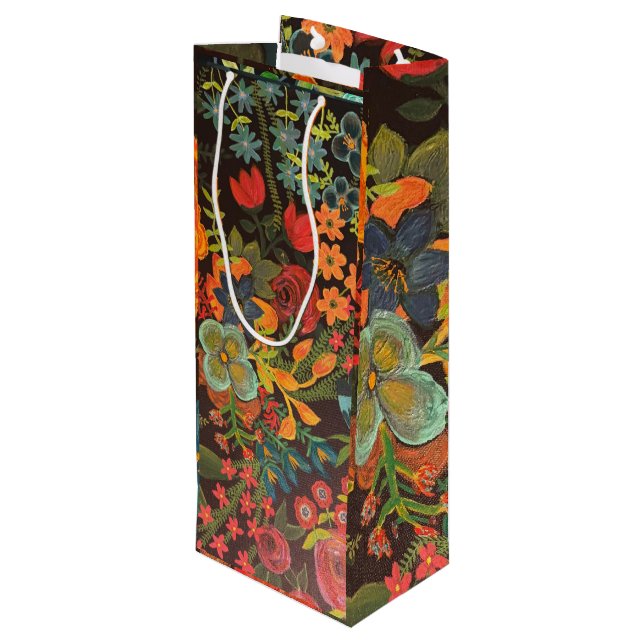 Boho Acrylic Painting Floral Design Wine Gift Bag (Back Angled)
