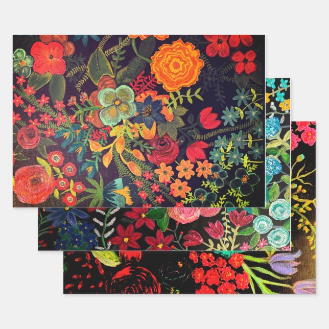 Boho Acrylic Painting Floral Design Wrapping Paper Sheet (Set)