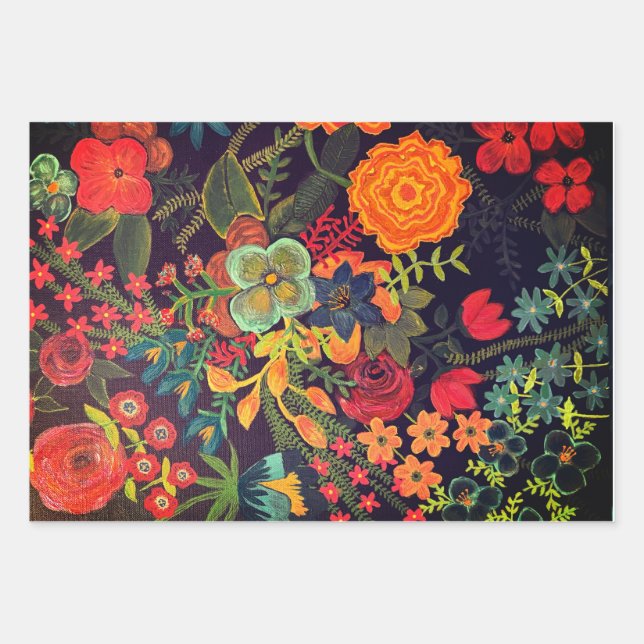 Boho Acrylic Painting Floral Design Wrapping Paper Sheet (Front)