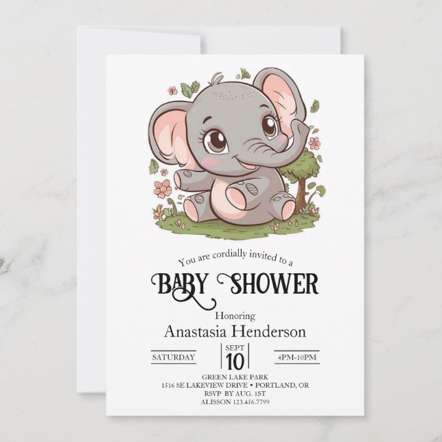 Boho Adorable Elephant Digital Baby Shower Invitation (Front)