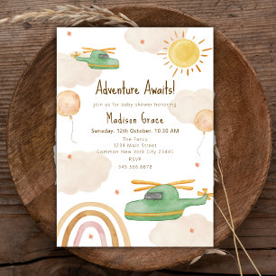 Boho Adventure Helicopter Aeroplane Baby Shower Invitation