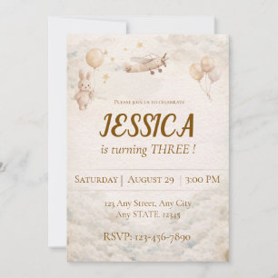 Boho Aeroplane Bunny Birthday Invitation Any Age