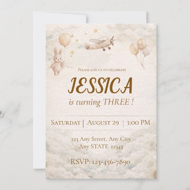Boho Aeroplane Bunny Birthday Invitation Any Age (Front)