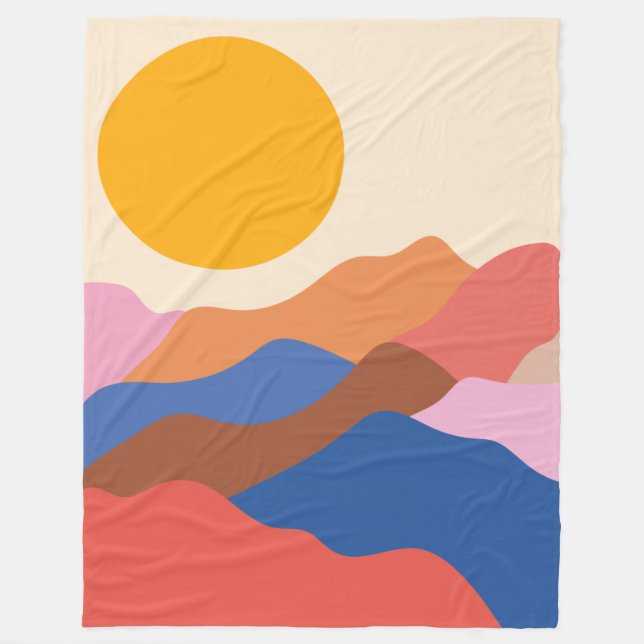 Boho Aesthetic Abstract Landscape Mountains Blue  Fleece Blanket (Front)