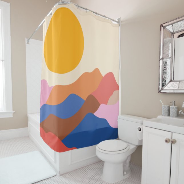 Boho Aesthetic Abstract Landscape Mountains Blue   Shower Curtain (In Situ)
