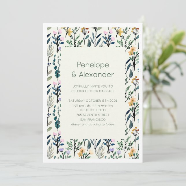 Boho Aesthetic Watercolor Wildflower Wedding Invitation (Standing Front)