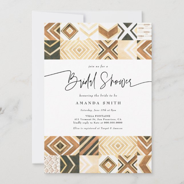 Boho African Tiles Safari Earth Tone Bridal Shower Invitation (Front)