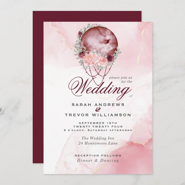 Boho All in One Wedding Pink Maroon Moon Invitatio Invitation (Front/Back)