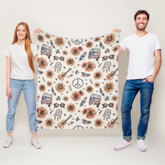 Boho Americana Festival Sunflowers VW Bus 4th of J Fleece Blanket