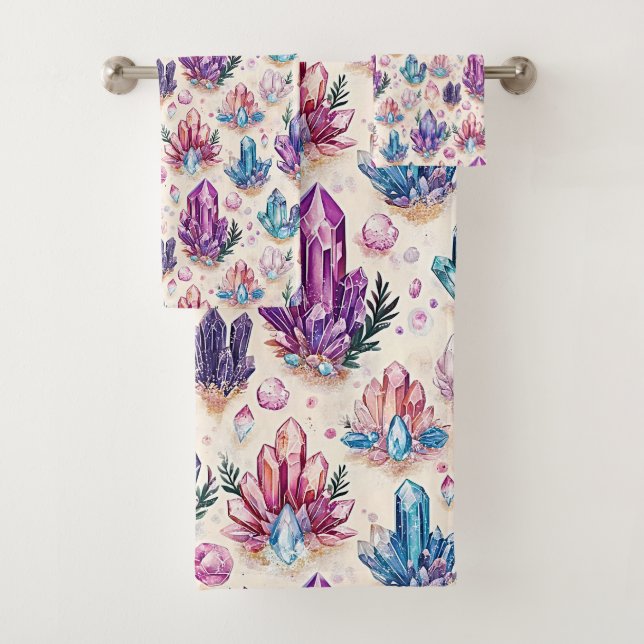 Boho Amethyst & Quartz Gemstone Crystal Zen Bath Towel Set (Insitu)