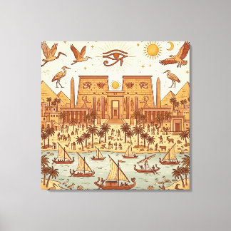 Boho Ancient Egyptian City Illustration-Terracotta Canvas Print