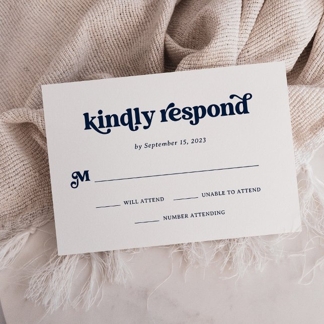 Boho and Retro Dark Navy Blue and White RSVP Card (Creator Uploaded)