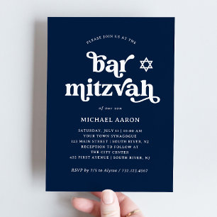 Boho and Retro Dark Navy Blue   Bar Mitzvah Invitation