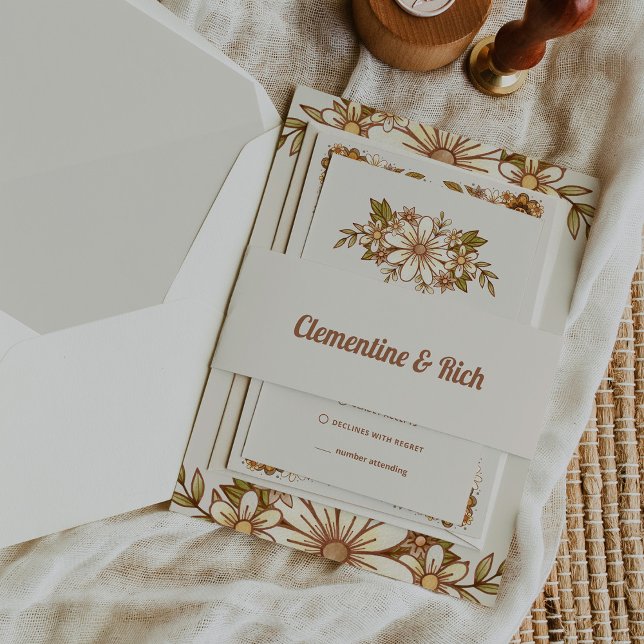 Boho and Retro Neutral Wedding Invitation Belly Band (Trendy vintage style wedding belly bands with retro script)