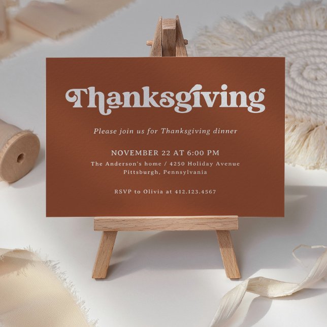 Boho and Retro Terracotta | Thanksgiving Dinner Invitation (A retro, boho Thanksgiving invitation on a terracotta background)