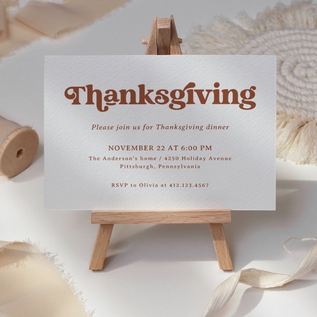 Boho and Retro | Thanksgiving Dinner Invitation (A retro, boho Thanksgiving invitation with terracotta text on  a simple white background)