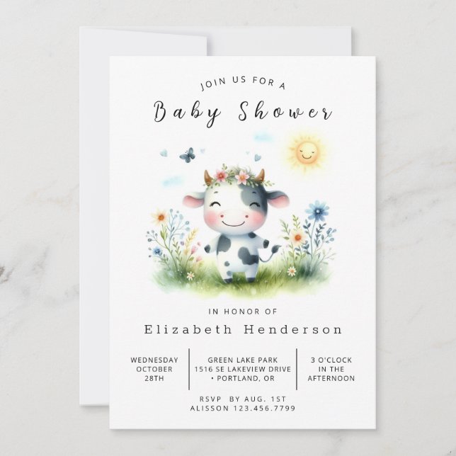 Boho Animal Fun Cow Baby Shower Invitation (Front)