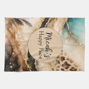 Boho Animal Print, Gold Agate Beige Blue Black Tea Towel