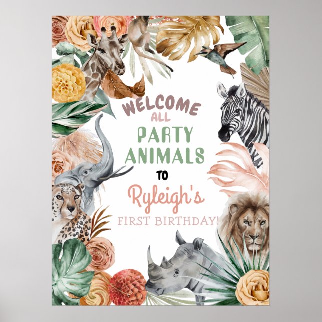 Boho Animal Safari Birthday Welcome Sign (Front)