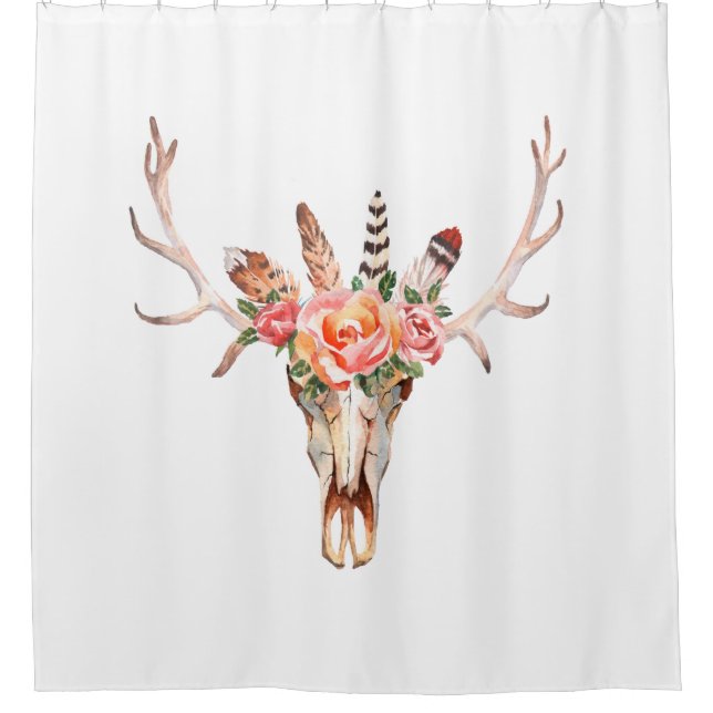 BoHo Animal Skull Watercolor Roses Bah Shower Curtain (Front)