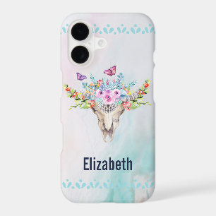 Boho Animal Skull with Butterflies and Flowers