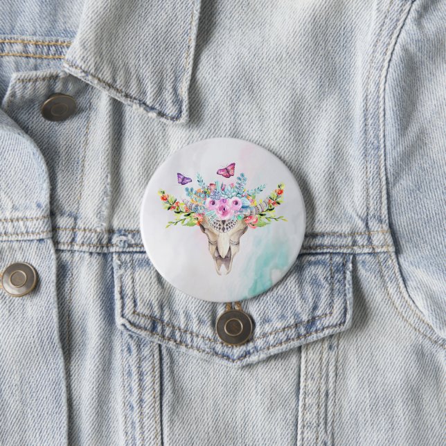 Boho Animal Skull with Butterflies and Flowers 7.5 Cm Round Badge (In Situ)