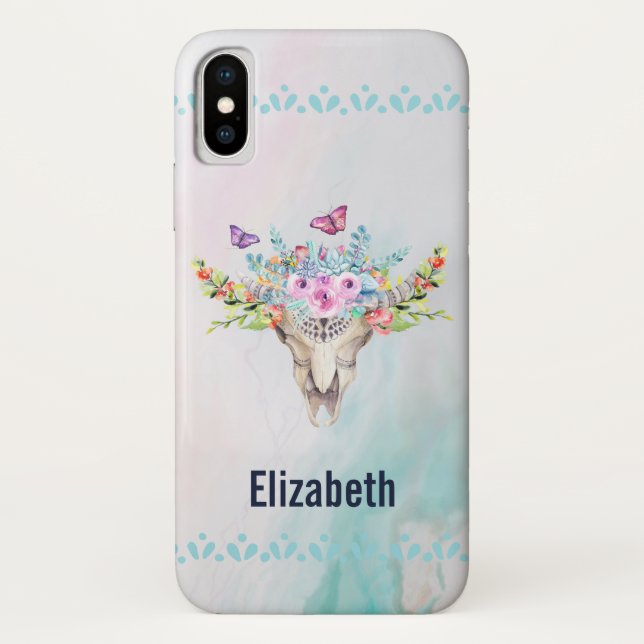 Boho Animal Skull with Butterflies and Flowers Case-Mate iPhone Case (Back)