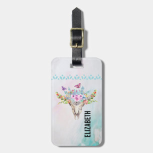 Boho Animal Skull with Butterflies and Flowers Luggage Tag