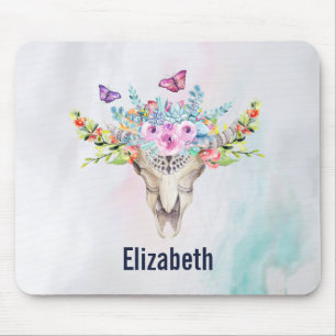 Boho Animal Skull with Butterflies and Flowers Mouse Pad