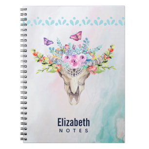 Boho Animal Skull with Butterflies and Flowers Notebook