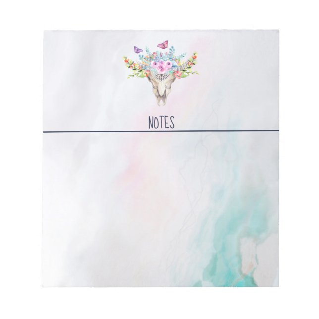 Boho Animal Skull with Butterflies and Flowers Notepad (Front)