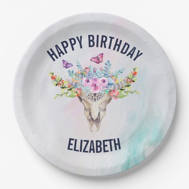 Boho Animal Skull with Butterflies and Flowers Paper Plate (Front)