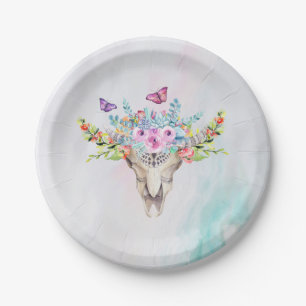 Boho Animal Skull with Butterflies and Flowers Paper Plate