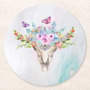 Boho Animal Skull with Butterflies and Flowers Round Paper Coaster
