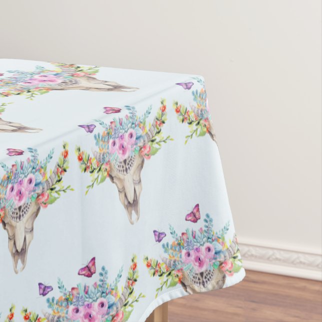 Boho Animal Skull with Butterflies and Flowers Tablecloth (In Situ)
