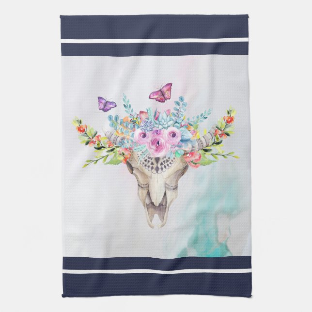 Boho Animal Skull with Butterflies and Flowers Tea Towel (Vertical)