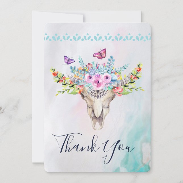 Boho Animal Skull with Butterflies and Flowers Thank You Card (Front)
