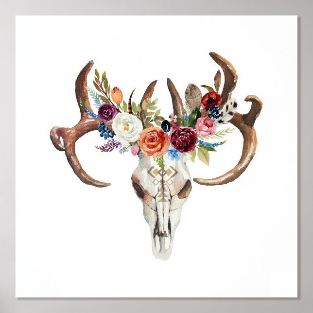 Boho Animal Skull With Colourful Boho Flowers Foil Prints (Front)