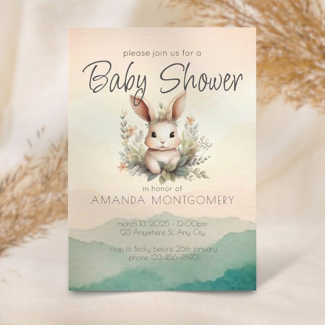 Boho animals cute rabbit botanical Baby Shower Invitation (Cute woodland animal rabbit with botanic watercolor flowers. sunset fade in peach and greens.)