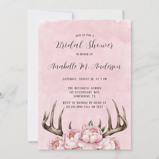 Boho Antler and Pink Peonies Bridal Shower Invitation (Front)